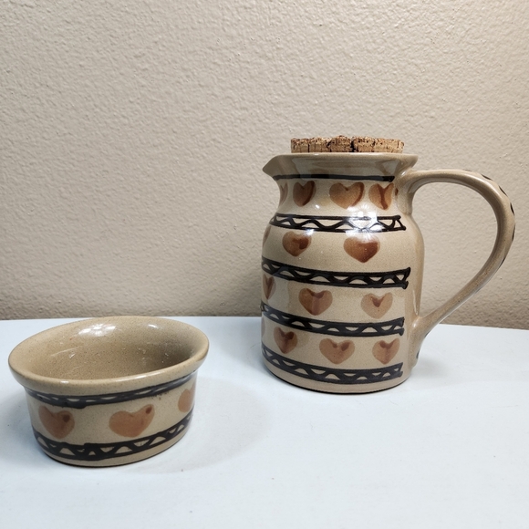 Hartstone Pottery USA Stoneware Heart Patterned Country Milk Pitcher & Dish - Picture 1 of 12